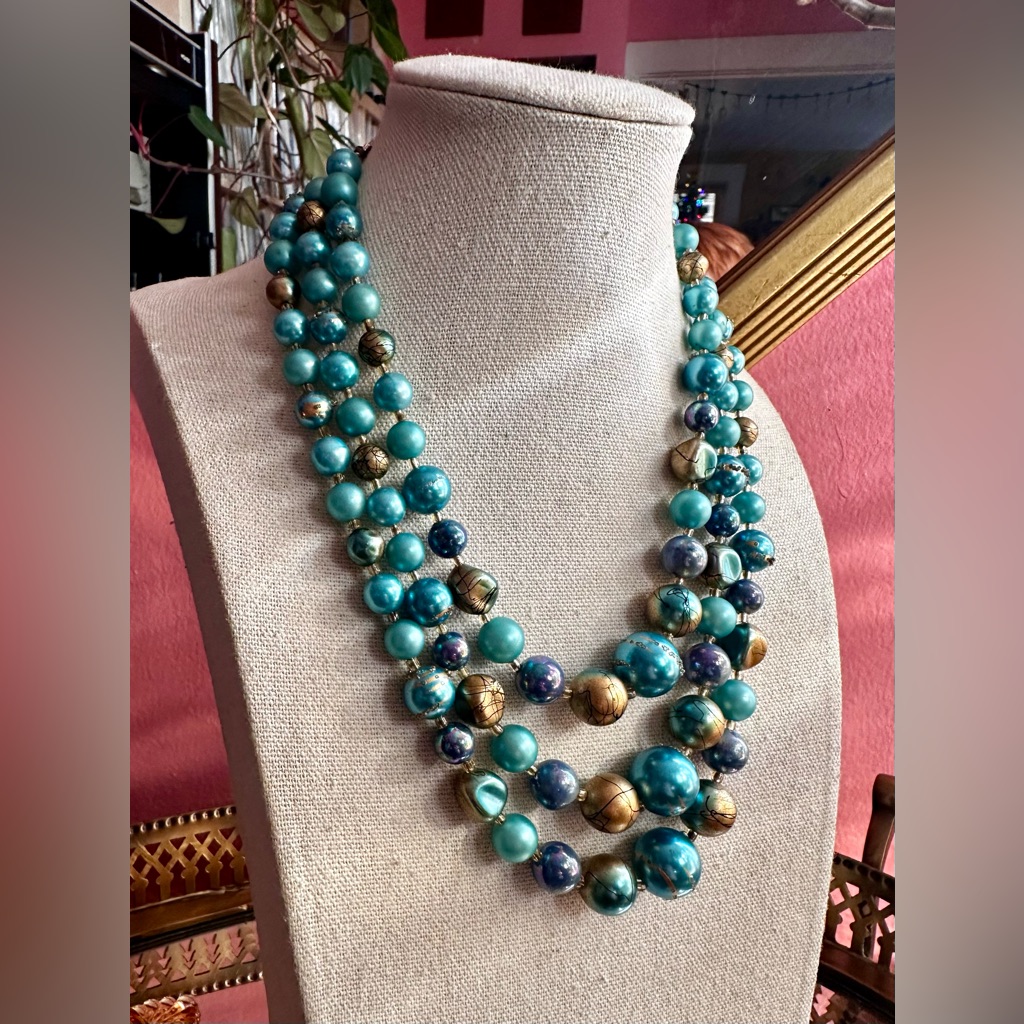 1960s Chic Space Travels 3-Stand Blue Gold Swirl Japan Beaded Necklace 34$